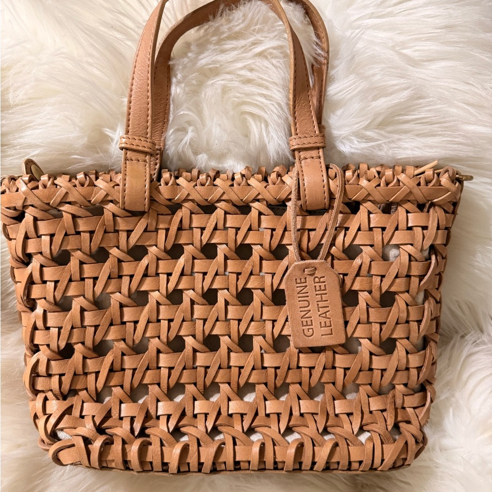 Genuine Leather Tan Woven Tote Bag
